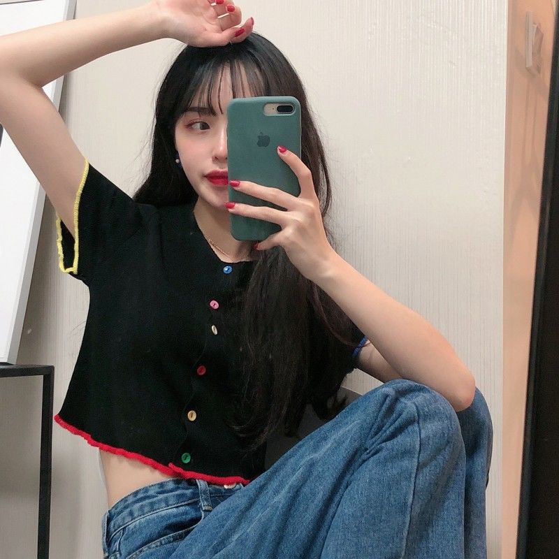 Áo Thun Dệt Kim Tay Ngắn Cài Nút Màu Sắc Thời Trang Mùa Hè Hàn Quốc 2022 Dành Cho Bạn Nữ