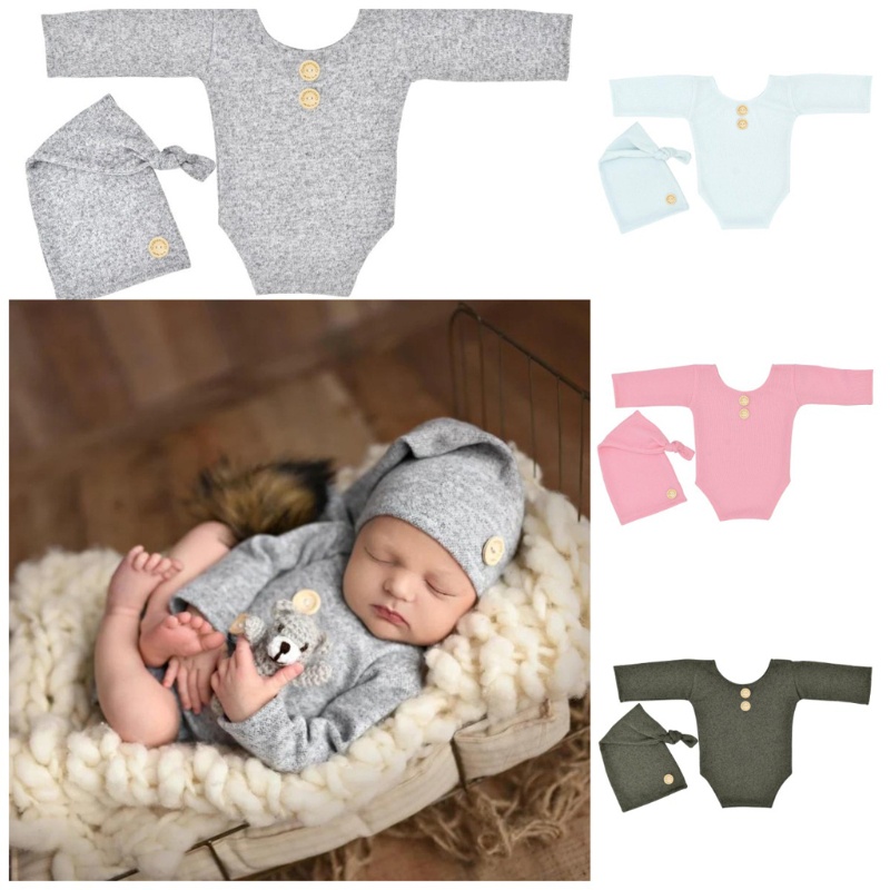 Bộ Áo Liền Quần Bằng Cotton Dệt Kim Tay Dài Kèm Nón Giữ Ấm Dành Cho Bé