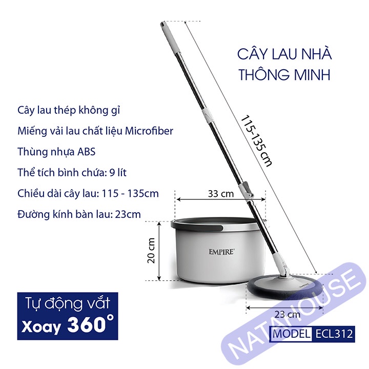 Cây Lau Nhà Empire ECL312_Trắng Bộ Lau Nhà Tự Vắt Thông Minh tiết kiệm nước