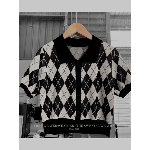 Áo len cộc tay cổ polo kẻ trám, dáng ngắn ( Ảnh thật ) | BigBuy360 - bigbuy360.vn