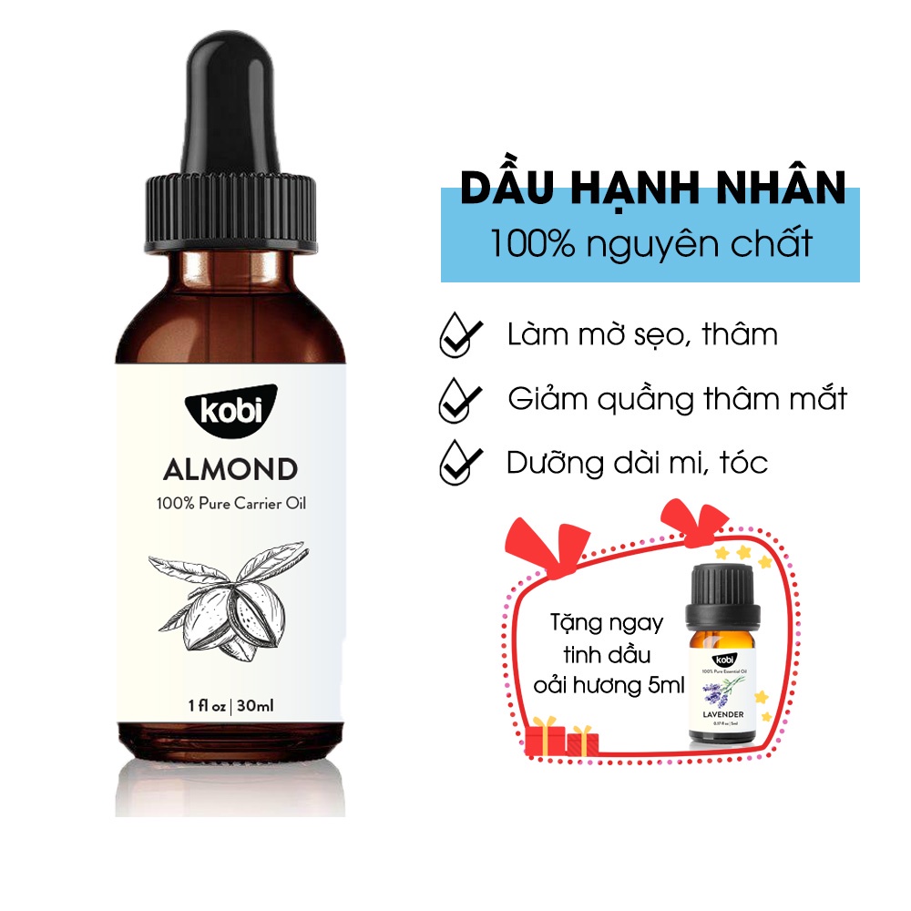 Dầu Hạnh Nhân KOBI Sweet Almond 30ml 100% nguyên chất, tặng tinh dầu oải hương 5ml