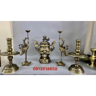 Bộ đỉnh thờ lư hương bằng đồng đúc thủ công liền khối cao 42cm hun màu giả cổ đỉnh hạc nến bằng đồng