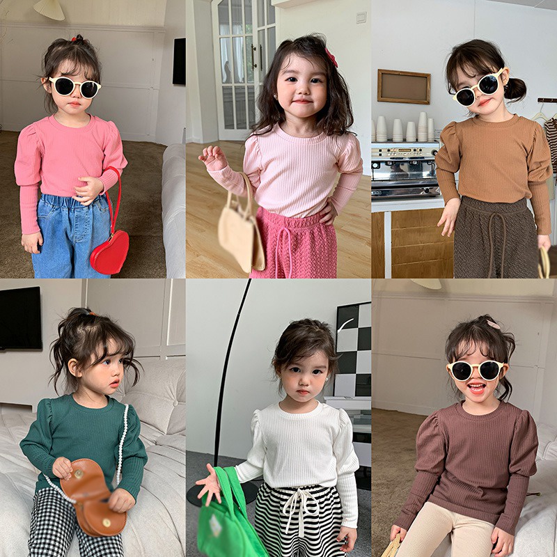 Áo Thun Cotton Tay Phồng Kẻ Sọc Ngang Phong Cách Hàn Quốc Thời Trang Mùa Thu Cho Bé Gái