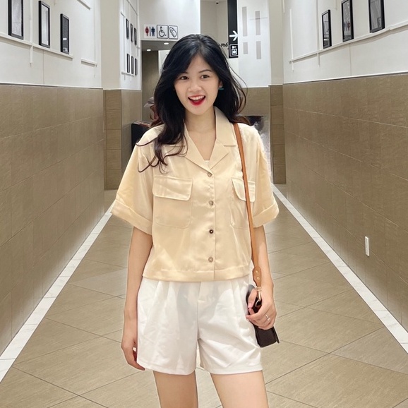 Áo sơ mi nữ cổ vest tay ngắn kiểu dáng croptop form rộng túi ngực, Áo sơ mi nữ trơn cổ vest cộc tay dáng ngắn nhiều màu