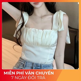 Áo Croptop Nữ Sexy | FREESHIP | Áo Hai Dây Cột Nơ Vai Nhún Ngực, Dây Đai Xếp Ly Sa Tanh Kiểu Pháp