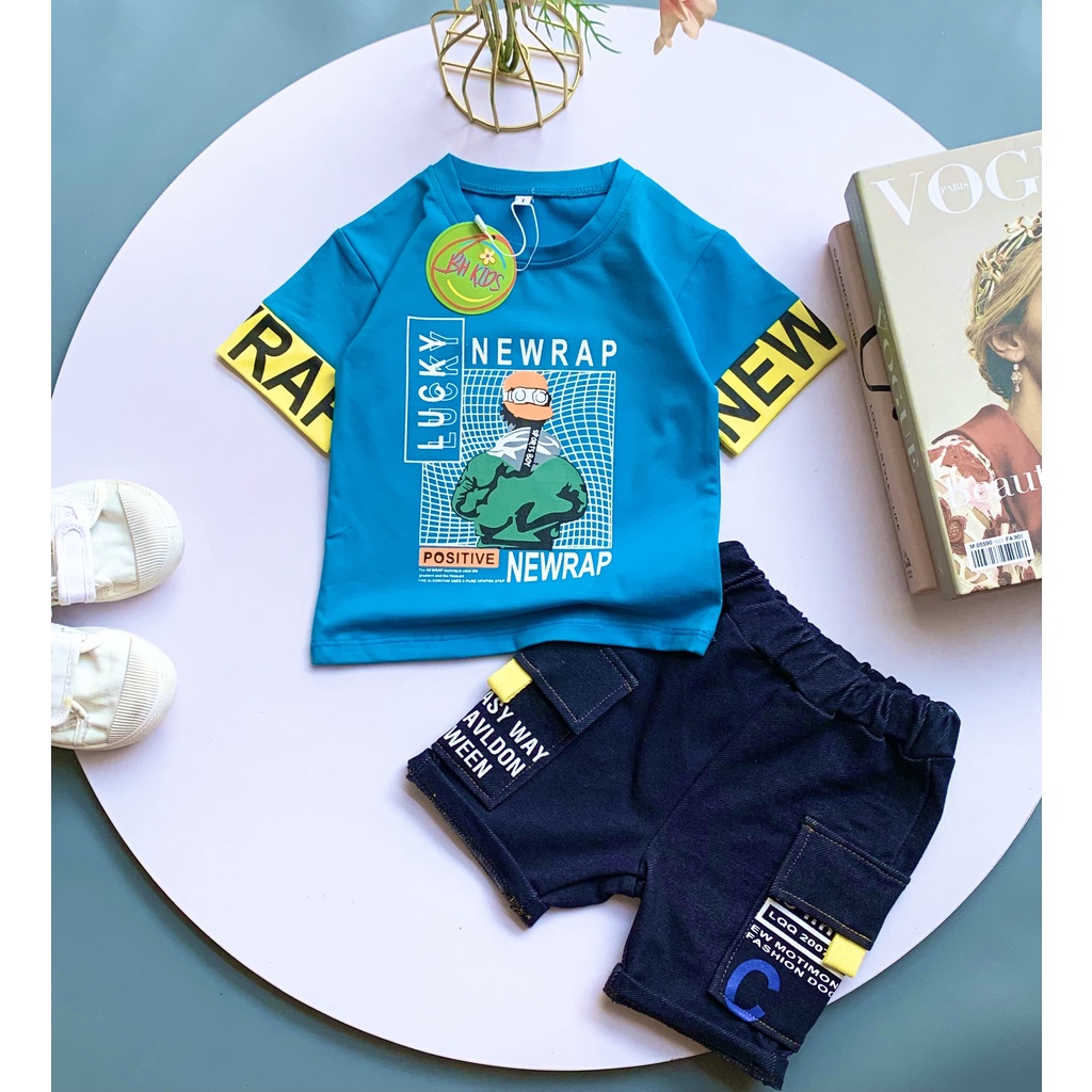 Set đồ bộ bé trai Áo thun ngắn tay cotton 100% co giản 4 chiều Quần short thun cotton giả jean co giản cho bé từ 8-37kg