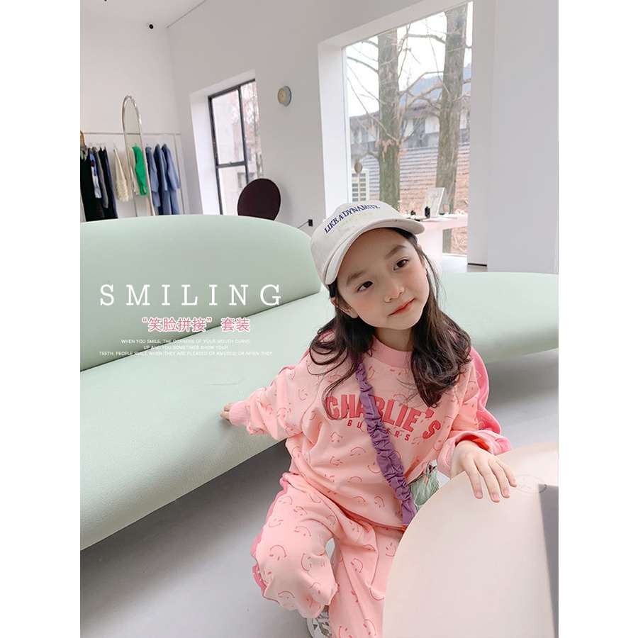 Bộ Đồ Thể Thao Hai Mảnh Áo Tay Dài In Chữ Mặt Cười Phong Cách Nhật Bản Mới 2022 Phong Cách Phương Tây Cho Bé Gái