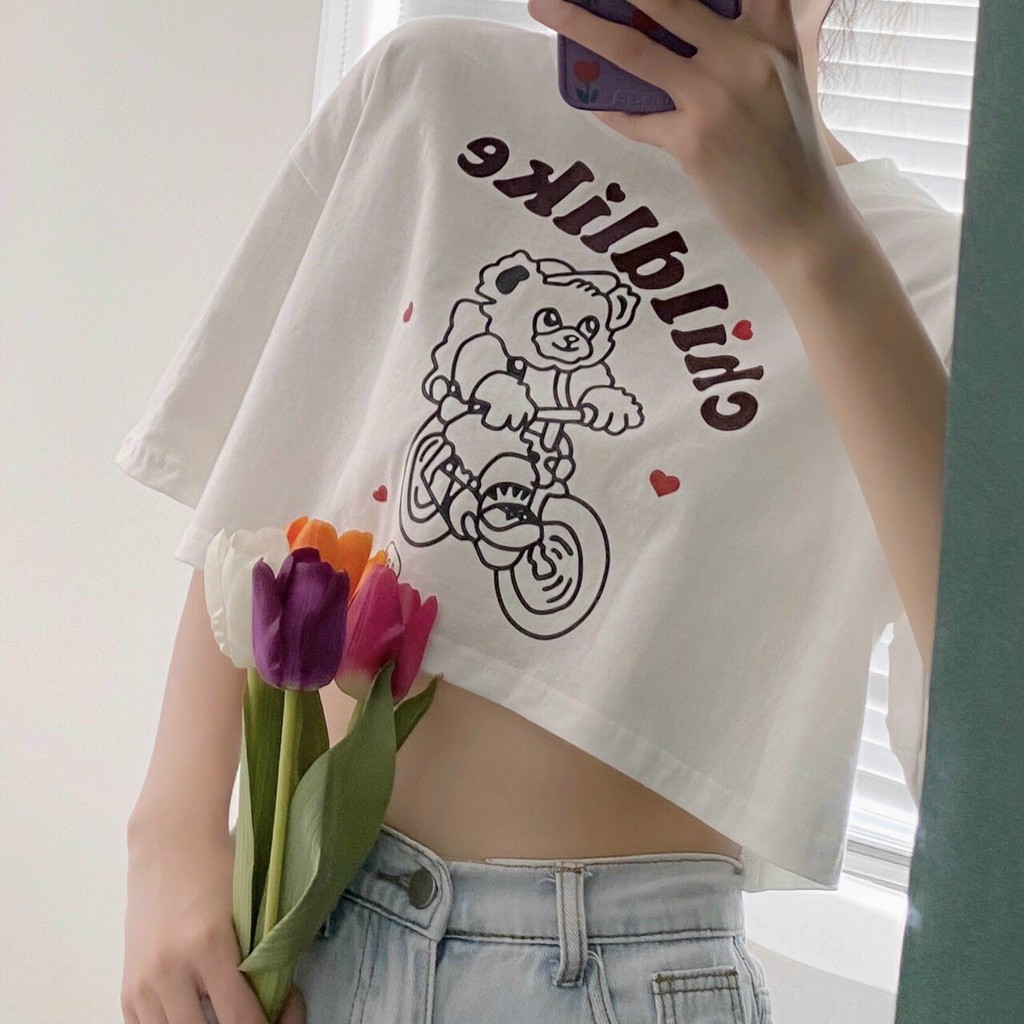 Áo croptop form rộng in LOVE THAT - CHILBLIKE - GẤU HAPPY - Siêu Cute Năng Động kiểu dáng Ulzzang - LUXCYStore