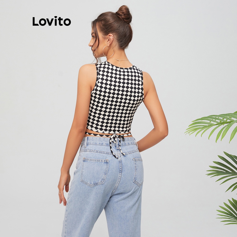 Lovito Áo tank top cổ tròn cắt chéo họa tiết kẻ sọc màu đen thời trang cho nữ L11D03
 | BigBuy360 - bigbuy360.vn