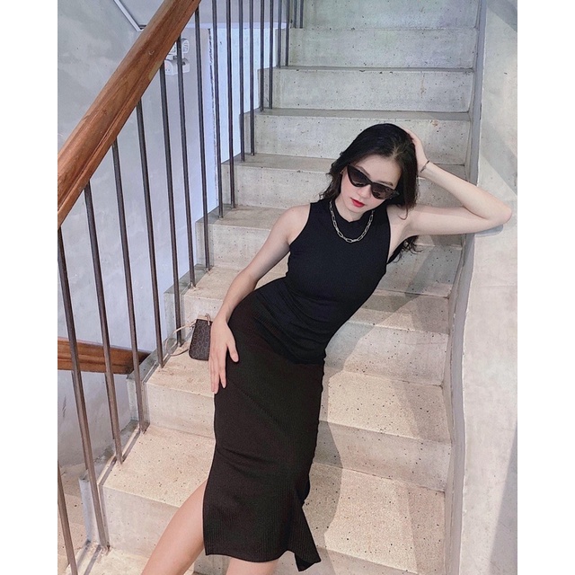 Đầm body sát nách 2 màu đen, cam vải thun gân tôn dáng khoe body sexy Sun Fashion