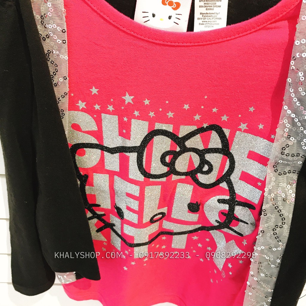 Áo tay dài khoác giả trẻ em hình mèo Hello Kitty màu hồng đen kim sa lấp lánh size XS , M cho bé gái 4-8 tuổi (Mỹ US-UK)