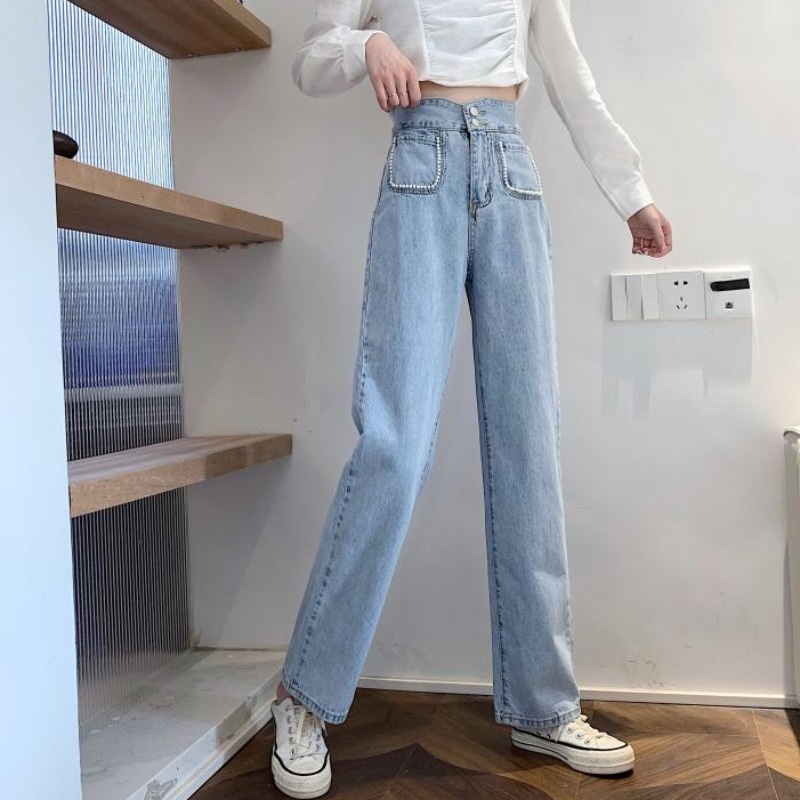 Quần Jeans Ống Rộng Lưng Cao Đính Ngọc Trai Trẻ Trung Năng Động