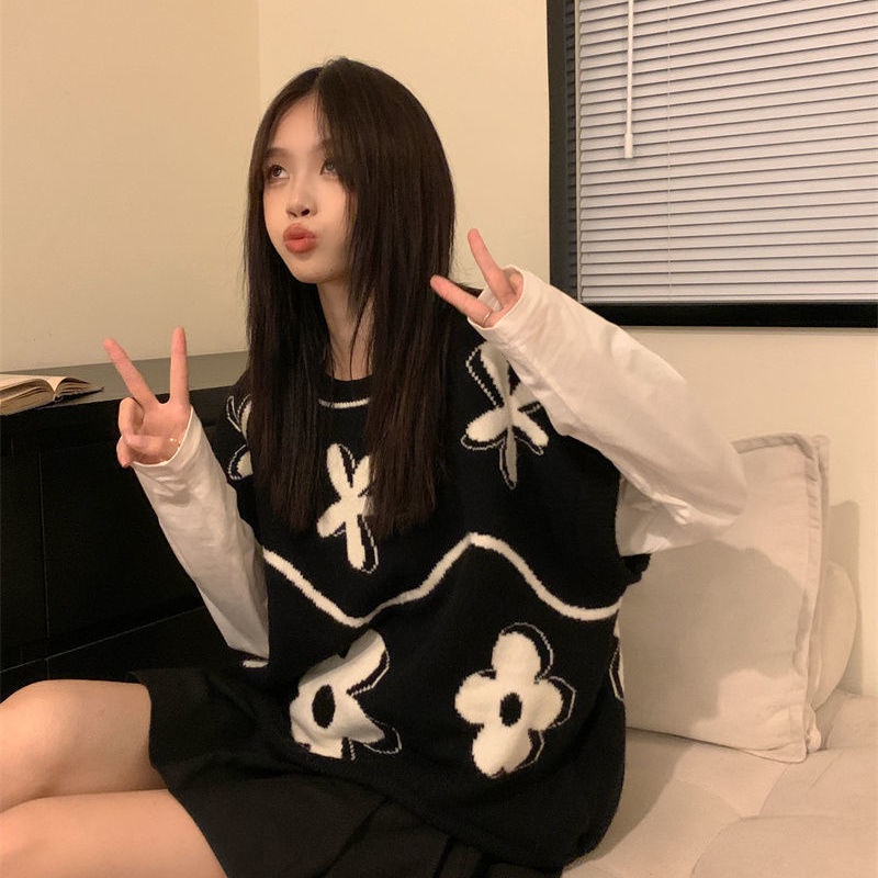 Áo Len Không Tay Dáng Rộng Họa Tiết Hoa Trắng Đen Thời Trang Cho Nữ
