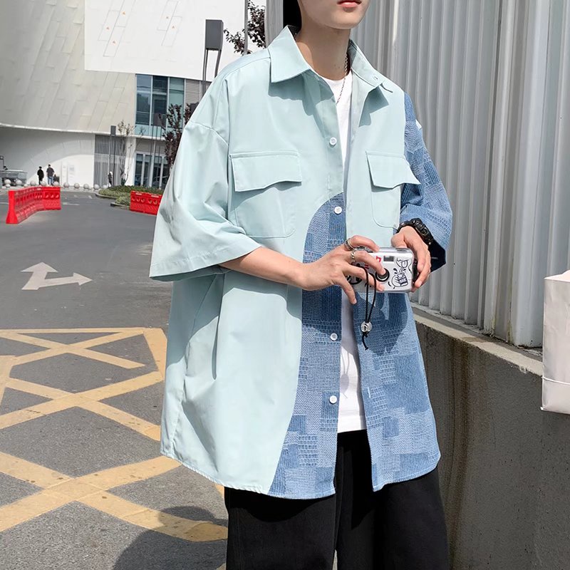 Áo sơ mi tay ngắn dáng rộng màu tương phản phong cách hồng kông cá tính cho nam  áo sơ mi nam bigsize unisex from rộng  màu xanh splice hàn quốc áo nam đẹp simple retro thời trang tình nhân