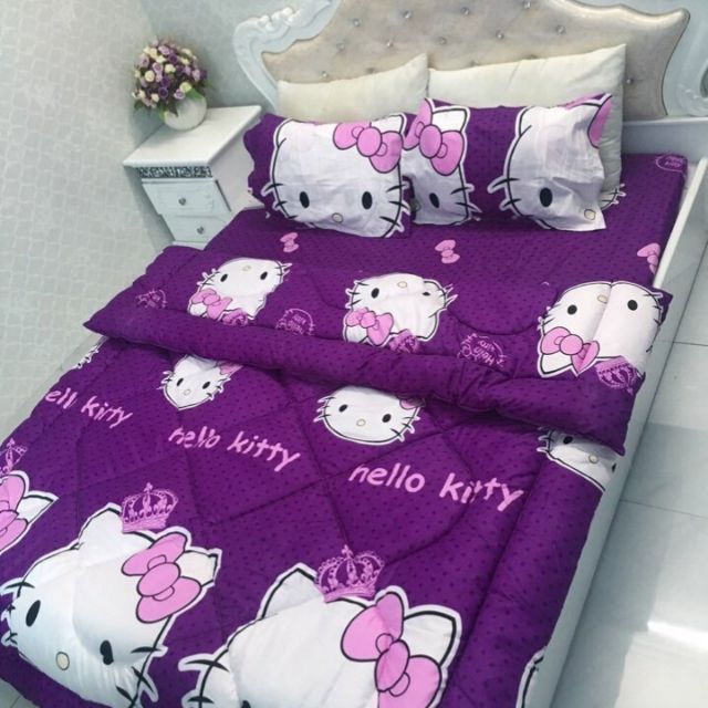 Set chăn phao ga gối kitty tím