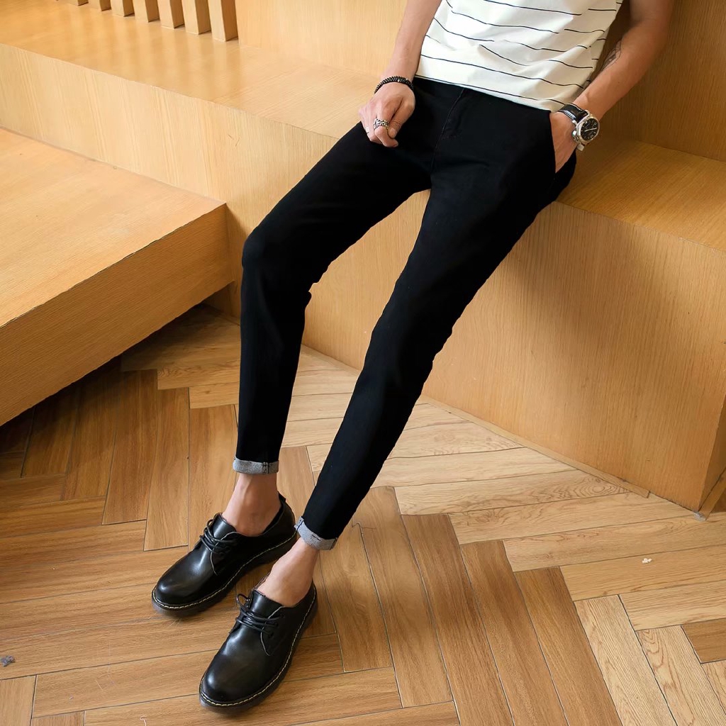 【27-34 waistline】 Korean Slim fit skinny ankle-length men's denim jeans spirit guy can stretch black tights for men and women trendy men's pants