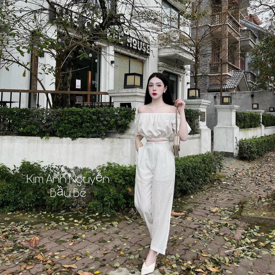 Set áo bẹt vai mix quần ống suông _ Hàng loại đẹp