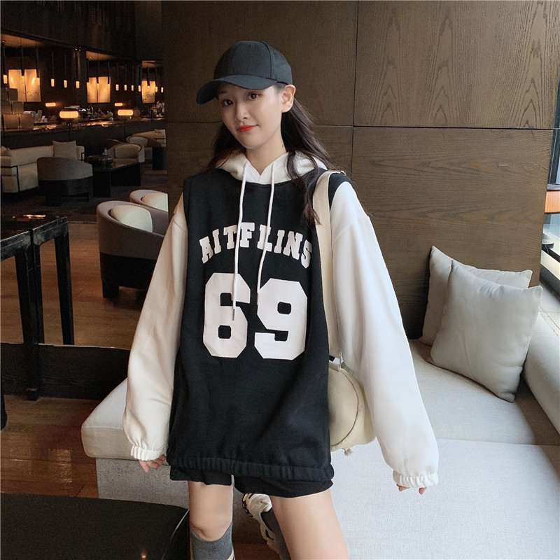 Áo Hoodie Tay Dài Giả Giả Nhiều Lớp In Chữ Cá Tính Thời Trang