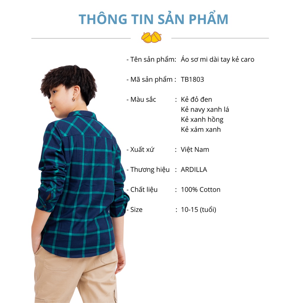 Áo Sơ Mi Kẻ Caro Bé Trai ARDILLA Thiết Kế Tay Dài,Kiểu Dáng Basic, Chất Liệu Cotton Cho Bé 10-15 Tuổi TB1803