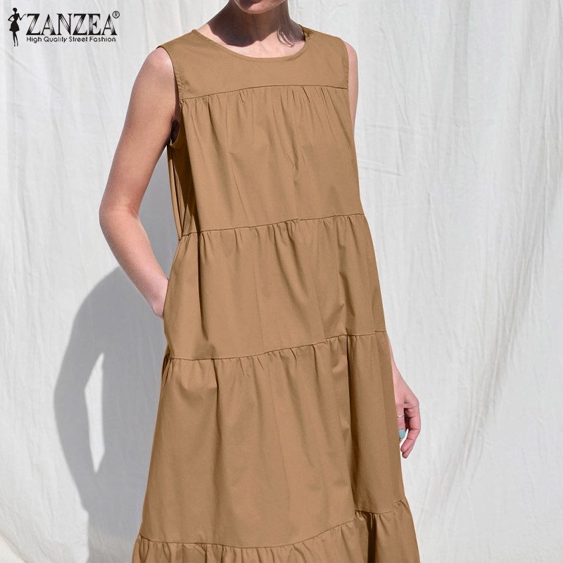 Đầm maxi ZANZEA không tay cổ tròn dáng rộng thời trang nữ tính thanh lịch