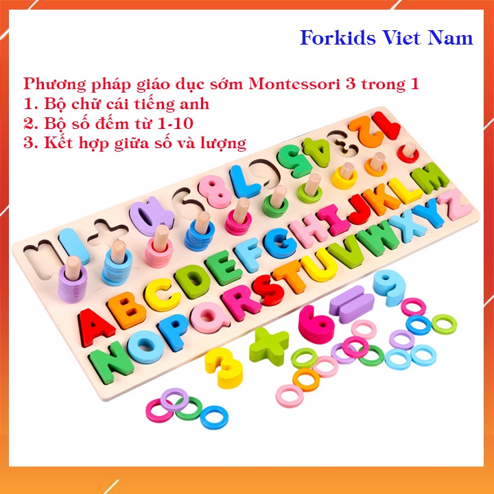 Bảng chữ cái bằng gỗ cho bé kết hợp số đếm - Bộ giáo cụ Montessori 3 trong 1