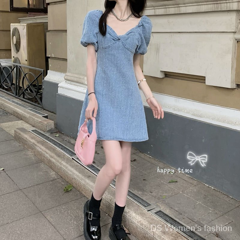 Đầm denim tay phồng dáng ngắn thiết kế ngọt ngào thời trang cho nữ