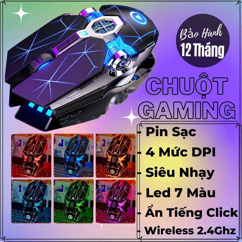 Chuột Không Dây Gaming Sạc Pin, Thiết Kế Led 7 Màu Cùng 4 Mức DPI Điều Chỉnh - Phím Siêu Nhạy + Ẩn Tiếng Click ... CM1