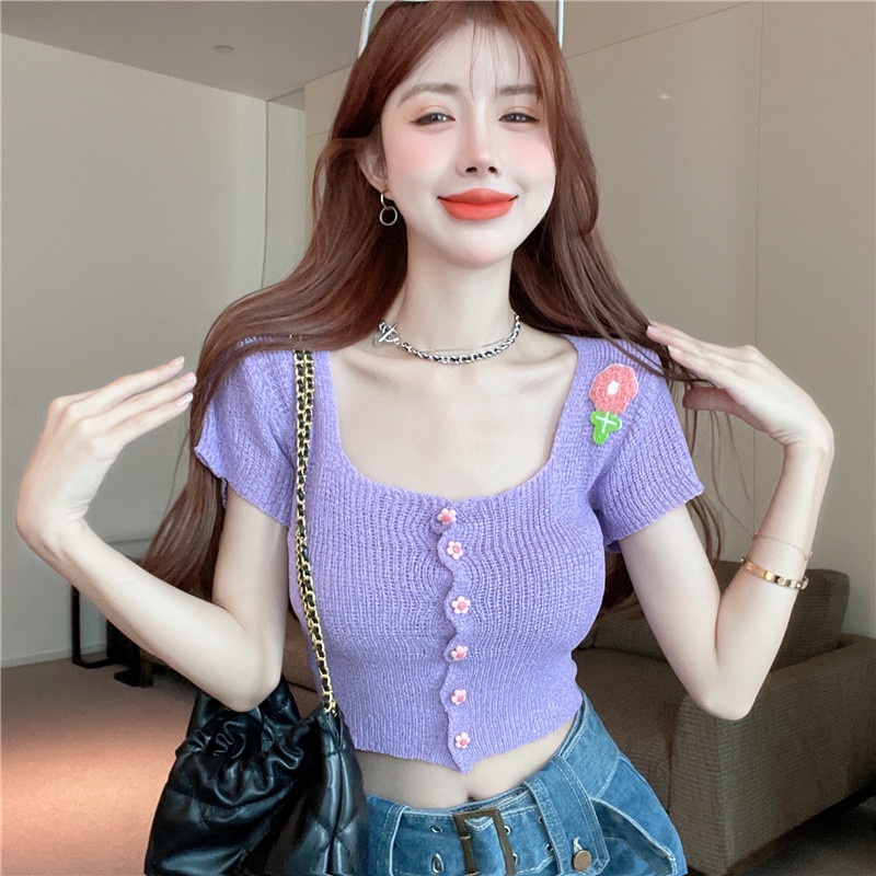 Áo Croptop Dệt Kim Tay Ngắn Cổ Vuông Thời Trang Cho Nữ
