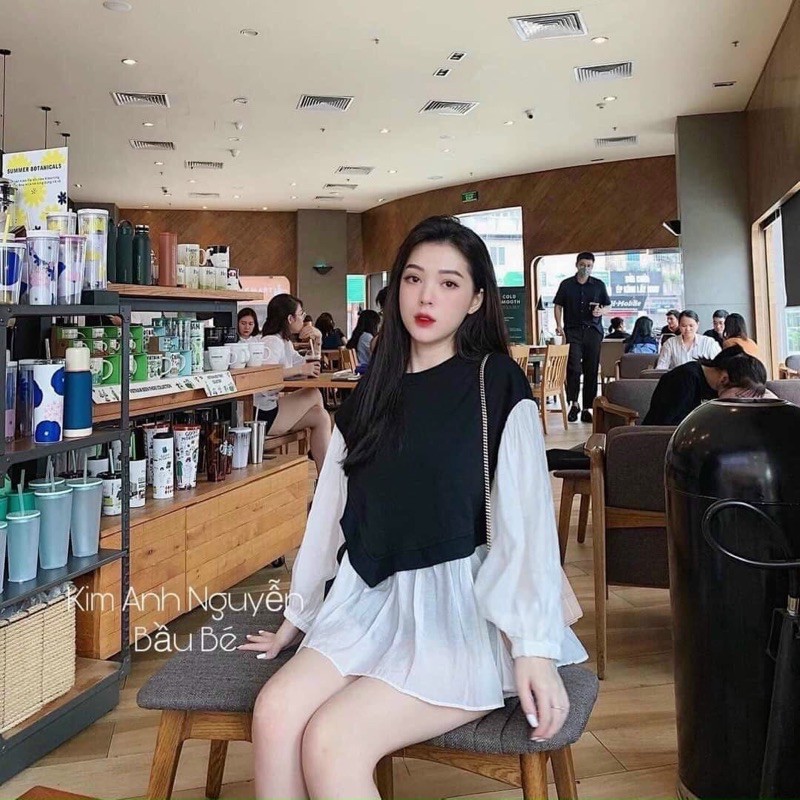 Áo babydoll phối gân cột nơ tay dài cổ tròn