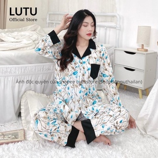 Bộ ngủ lụa hình hạc tay dài cổ phối