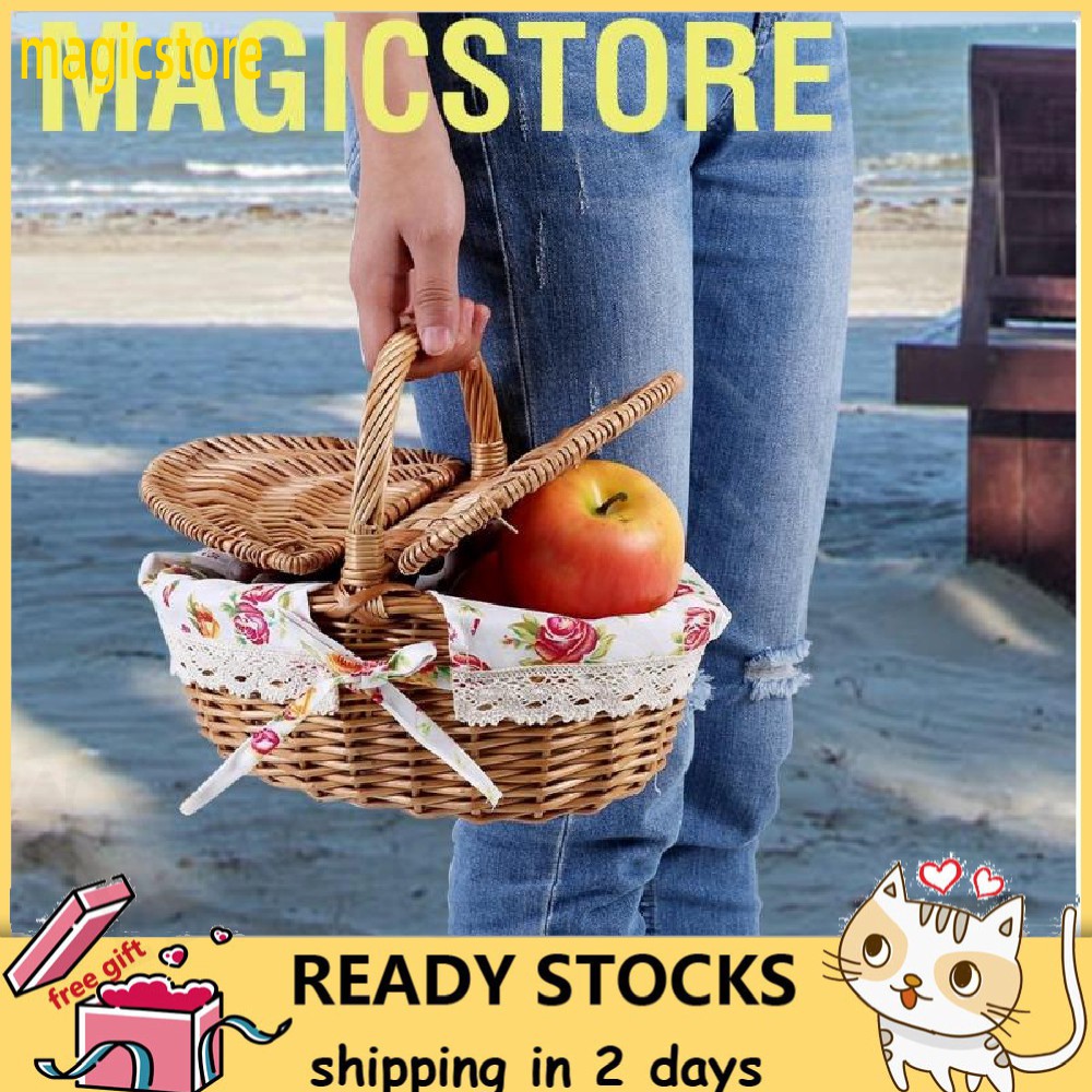 [Ready Stock] Magicstore Giỏ đựng đồ đi dã ngoại gắn nắp hai ngăn phủ vải in hoa dễ thương