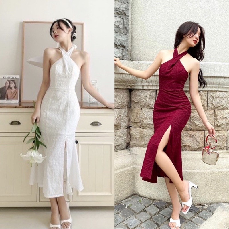 ĐẦM TRẮNG CỔ YẾM XOẮN XẺ TÀ (về thêm đỏ)