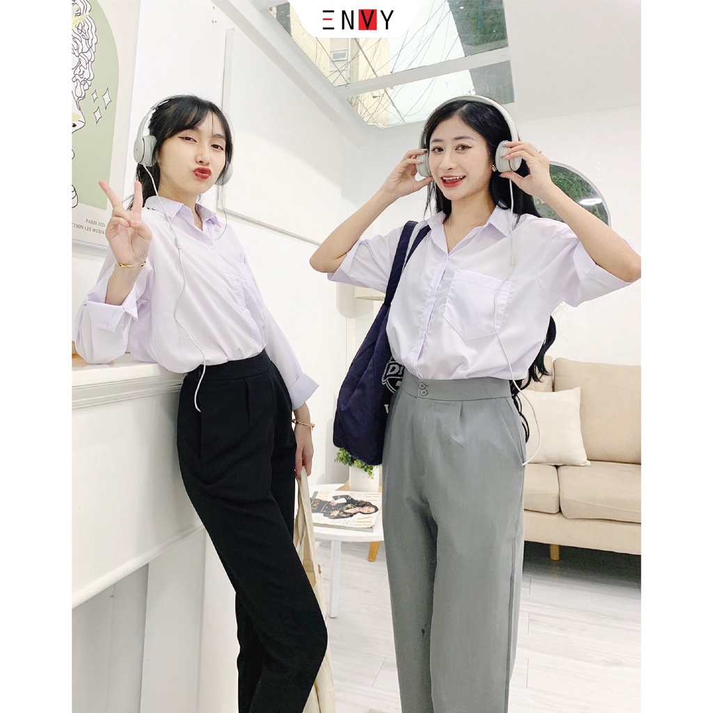 Áo sơ mi nữ tay ngắn có túi ENVY SO04 màu trắng form rộng style học sinh, sinh viên