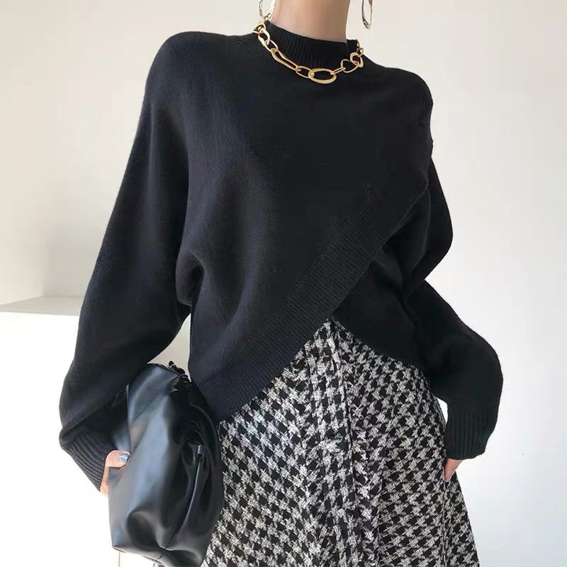 Set áo len vạt chéo+chân váy dài kẻ ô cá tính