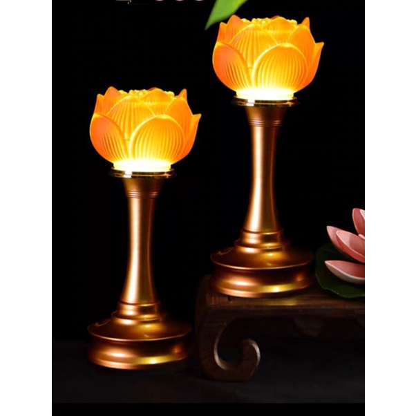 Đôi đèn thờ lưu ly hoa sen chân đồng cao cấp - đồ thờ cúng