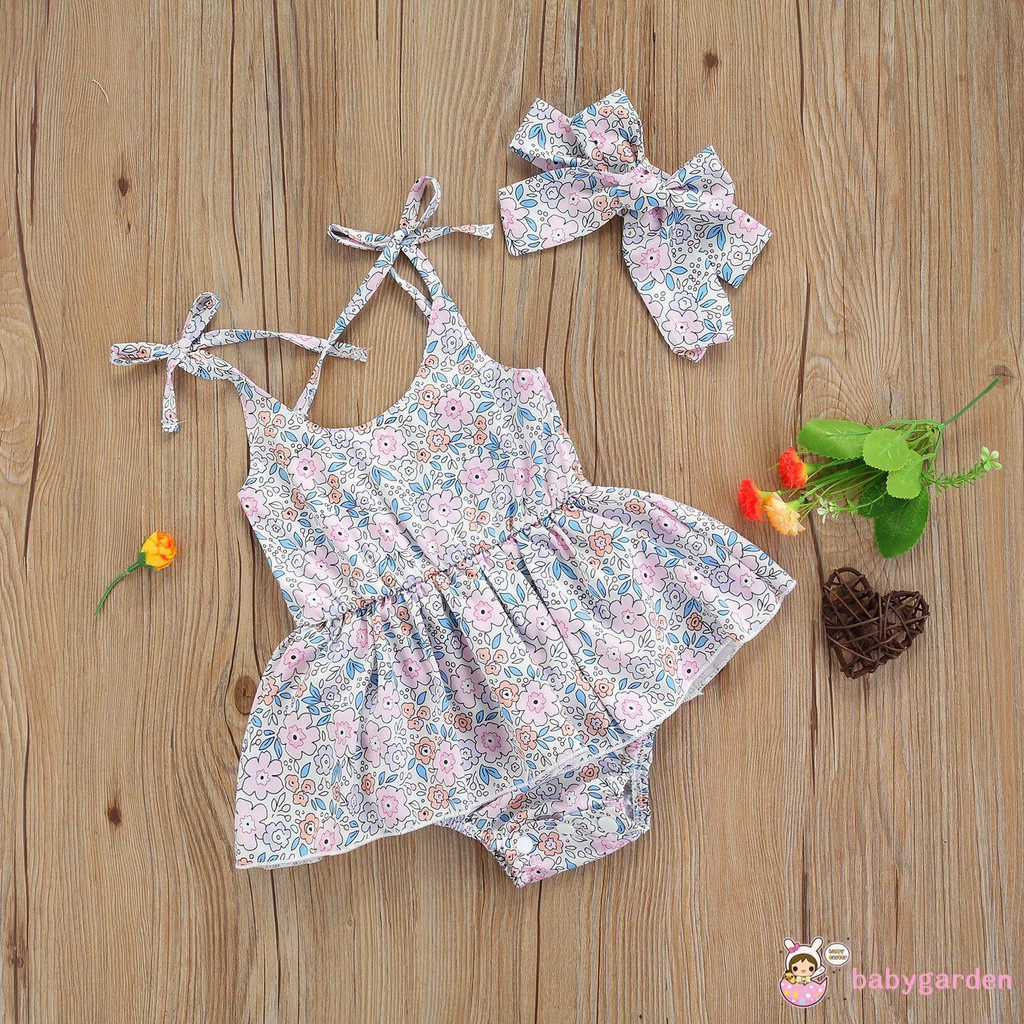 Bộ Áo Liền Quần Hai Dây In Hoa + Băng Đô Thời Trang Mùa Hè Cho Bé Gái