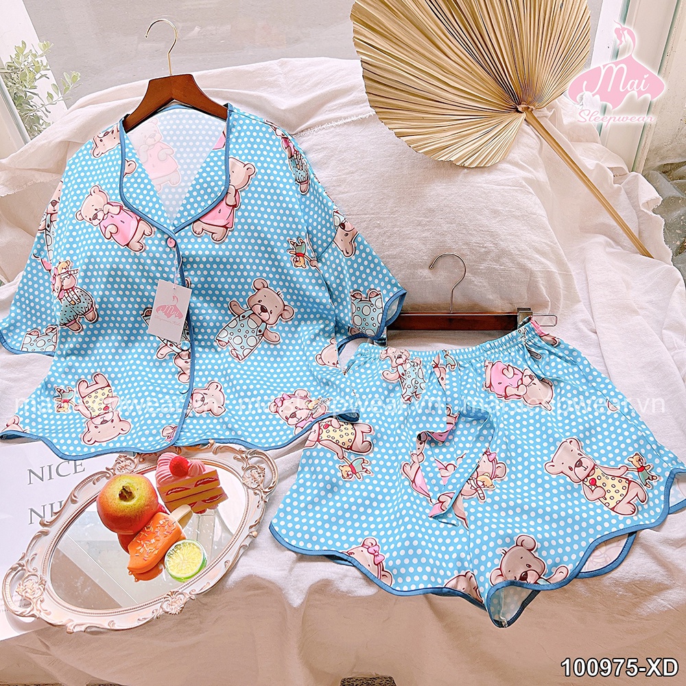 Bộ Đồ Ngủ Pyjama MAI SLEEPWEAR Lụa Mặc Nhà Áo Tay Ngắn Quần Ngắn Chấm Bi Gấu Phối Viền Trẻ Trung Cao Cấp MS975