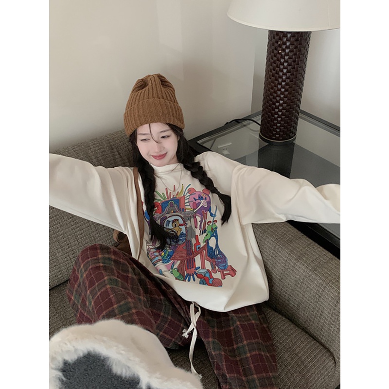 Áo Sweater Cổ Tròn Tay Dài Dáng Rộng In Họa Tiết Hoa Xinh Xắn Thời Trang Hàn Quốc Cho Nữ