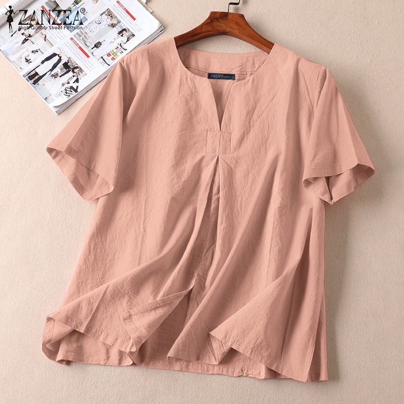 Zanzea Áo Kiểu Tay Ngắn Cổ Tròn Dáng Rộng Thời Trang Đi Biển Xinh Xắn Cho Nữ