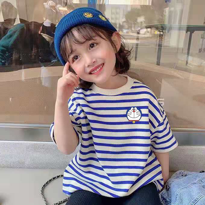 Áo Thun Cotton Ngắn Tay Họa Tiết Kẻ Sọc Thời Trang Hàn Quốc Cho Bé