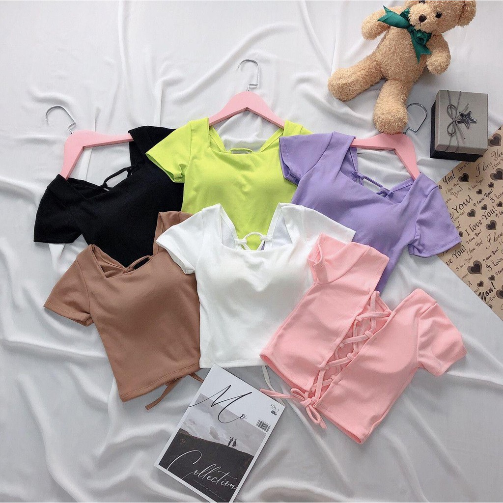 Xả lỗ  1143A36B1 Áo thun croptop tay ngắn đan dây lưng cột sống sexy cá tính Xả lỗ