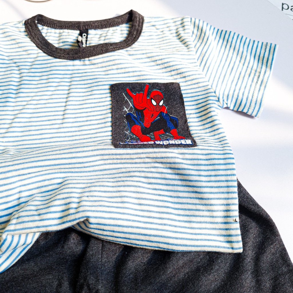 quần áo bé trai, bộ đồ phối kẻ hình siêu nhân, chất cotton đẹp