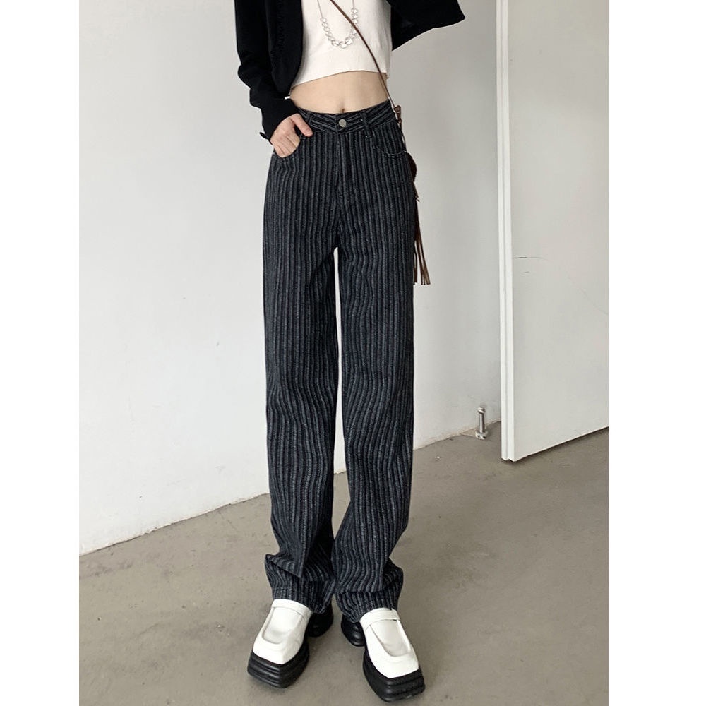 ☏△∏ Quần Jean Ống Rộng Kẻ Sọc Dọc Màu Đen Phong Cách Âu Mỹ Thời Trang Xuân Thu 2022 Cho Nữ