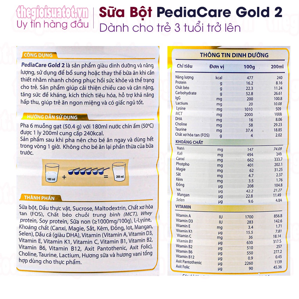 Sữa bột PediaCare Gold 2 [900g] - Sữa dinh dưỡng cao năng lượng cho trẻ