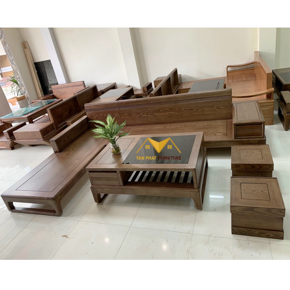 Bộ sofa gỗ, bàn ghế phòng khách gỗ sồi Nga dáng chữ L chân quỳ Tặng kèm bộ đệm cao cấp dày 10 phân, bảo hành 24 tháng