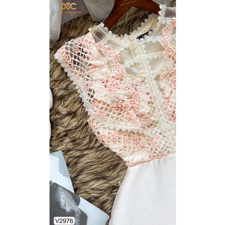 V2976 váy ren dáng chữ A màu hồng và màu be sữa