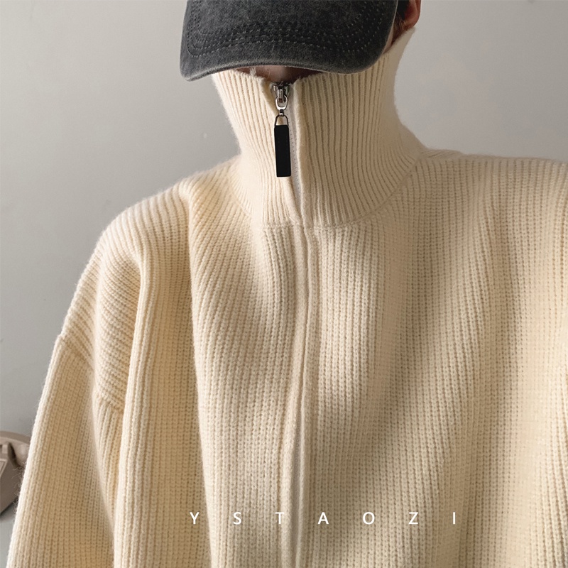Áo khoác cardigan dệt kim dáng rộng cổ cao phối khóa kéo phong cách xuân thu cho nam