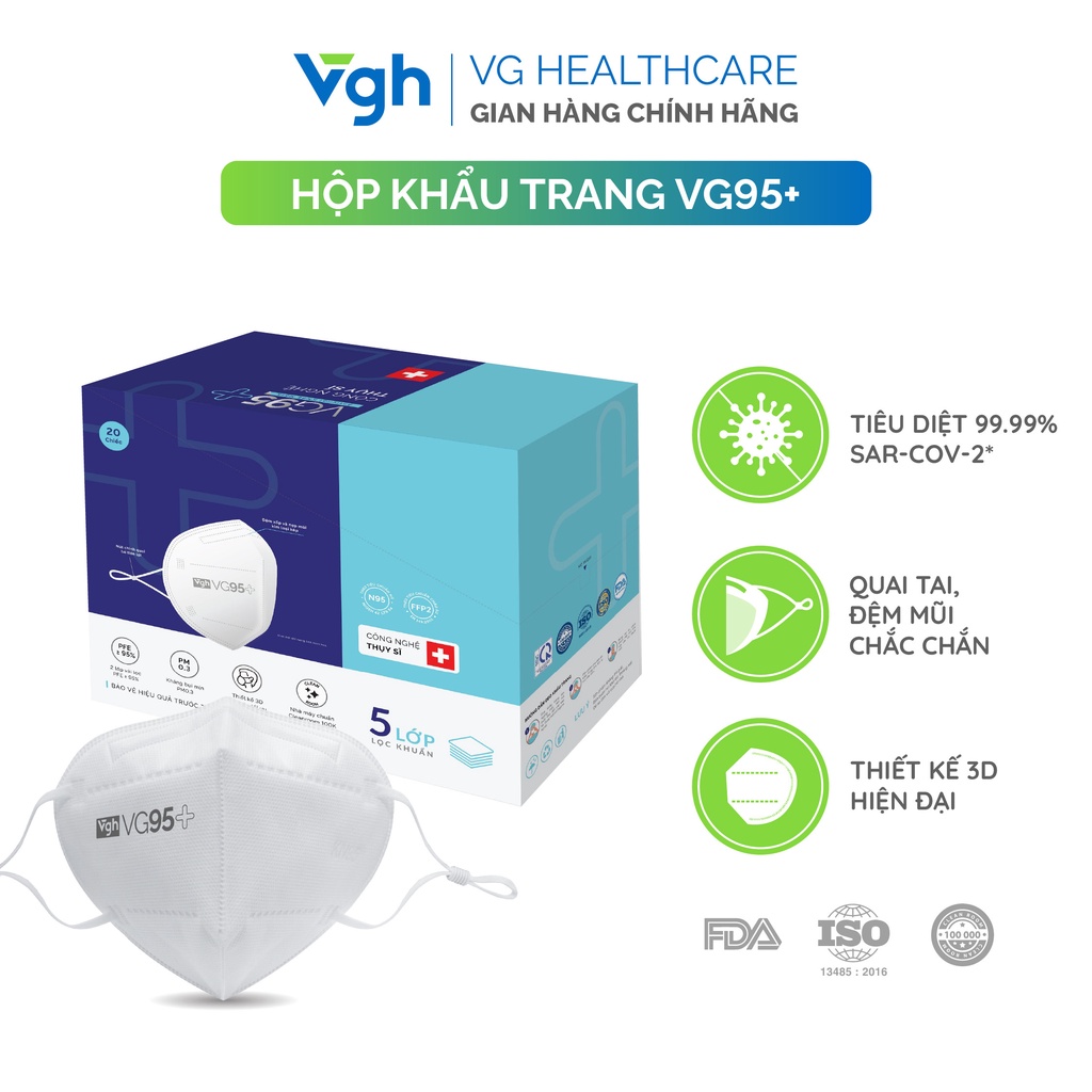 Hộp khẩu trang VG95+ thiết kế 3D tiêu chuẩn KN95 công nghệ Thụy Sĩ diệt khuẩn - Chính hãng VG Healthcare - Hộp 20 chiếc