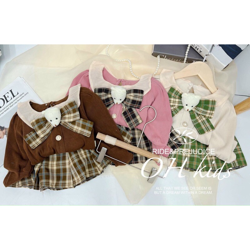 Váy cho bé gái, set váy dạ nhung TWEET 2 lớp kèm nơ gấu chân váy xếp ly( có lớp lót) siêu cấp cho bé