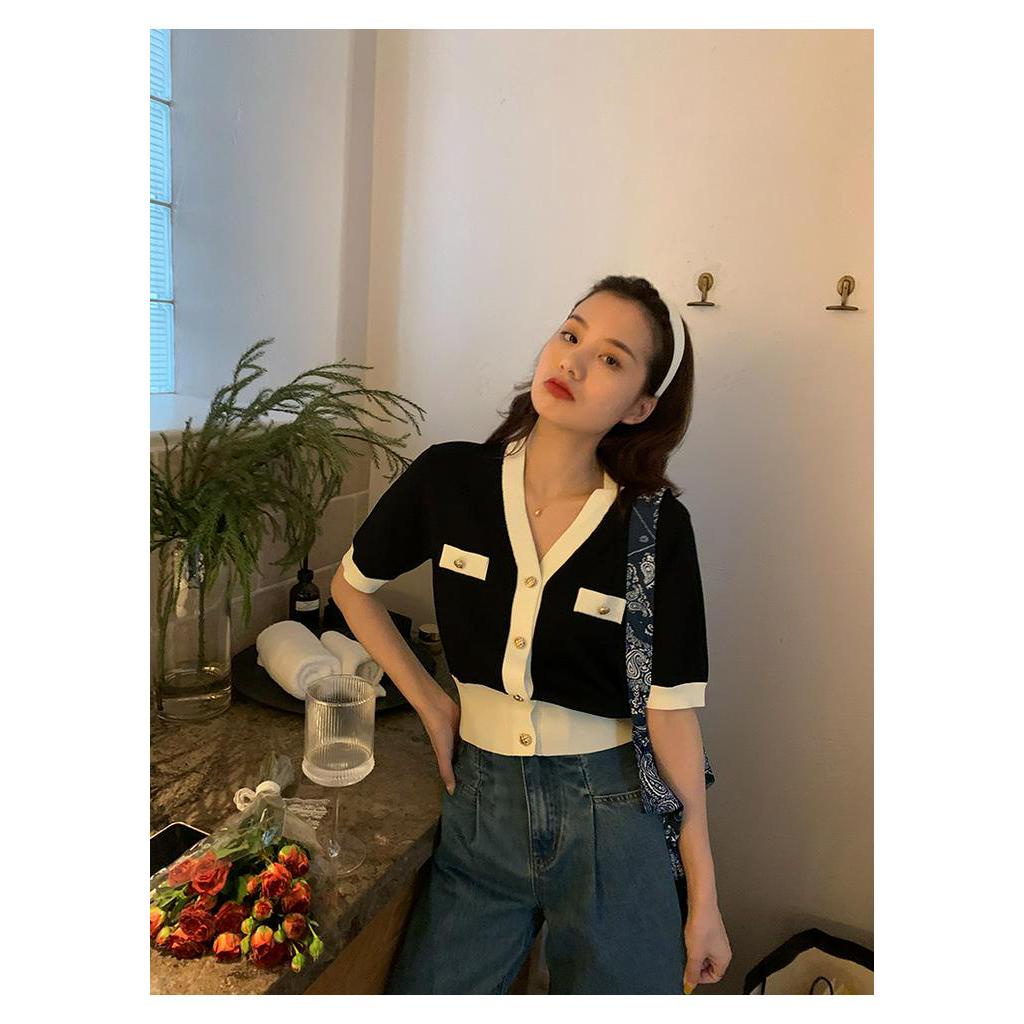 Áo dệt kim SUXI tay ngắn ôm dáng cổ V gợi cảm thanh lịch cho nữ